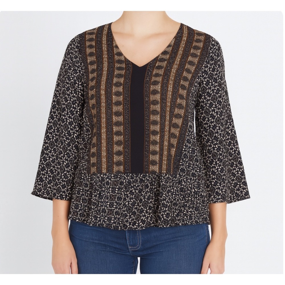 Alya Shirt Womens Medium Floral Print 3/4 Sleeve V Neck Peasant Blouse Medium
